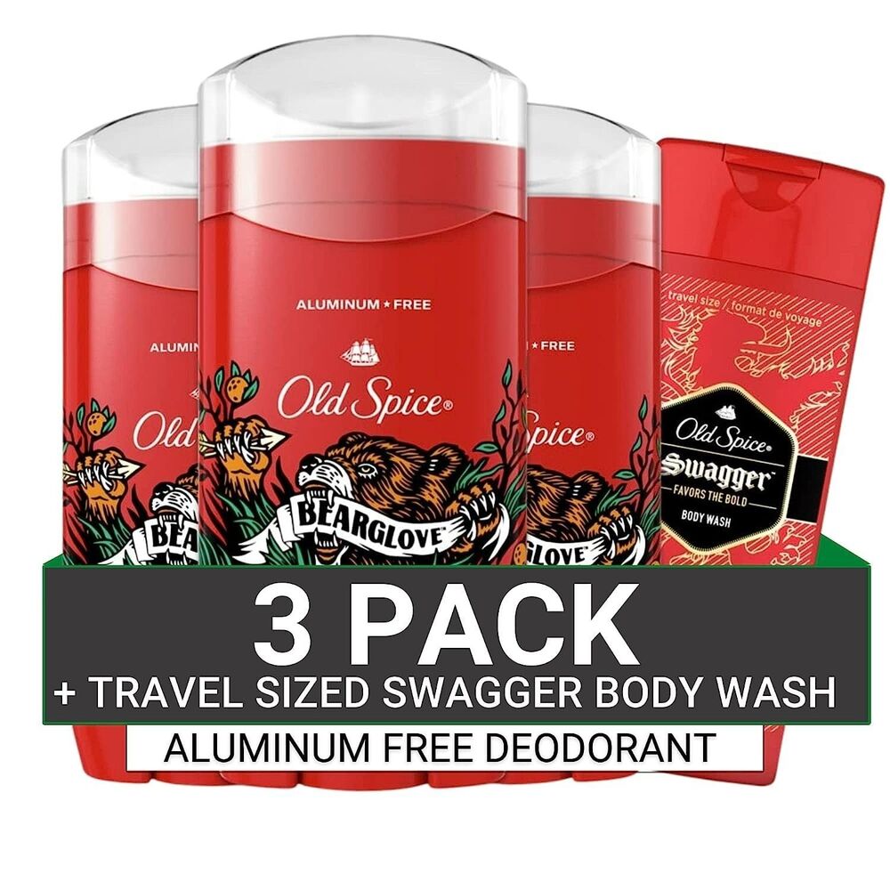 3 Pack Old Spice Aluminum Free Bearglove Deodorant 24/7 With Swagger Body Wash